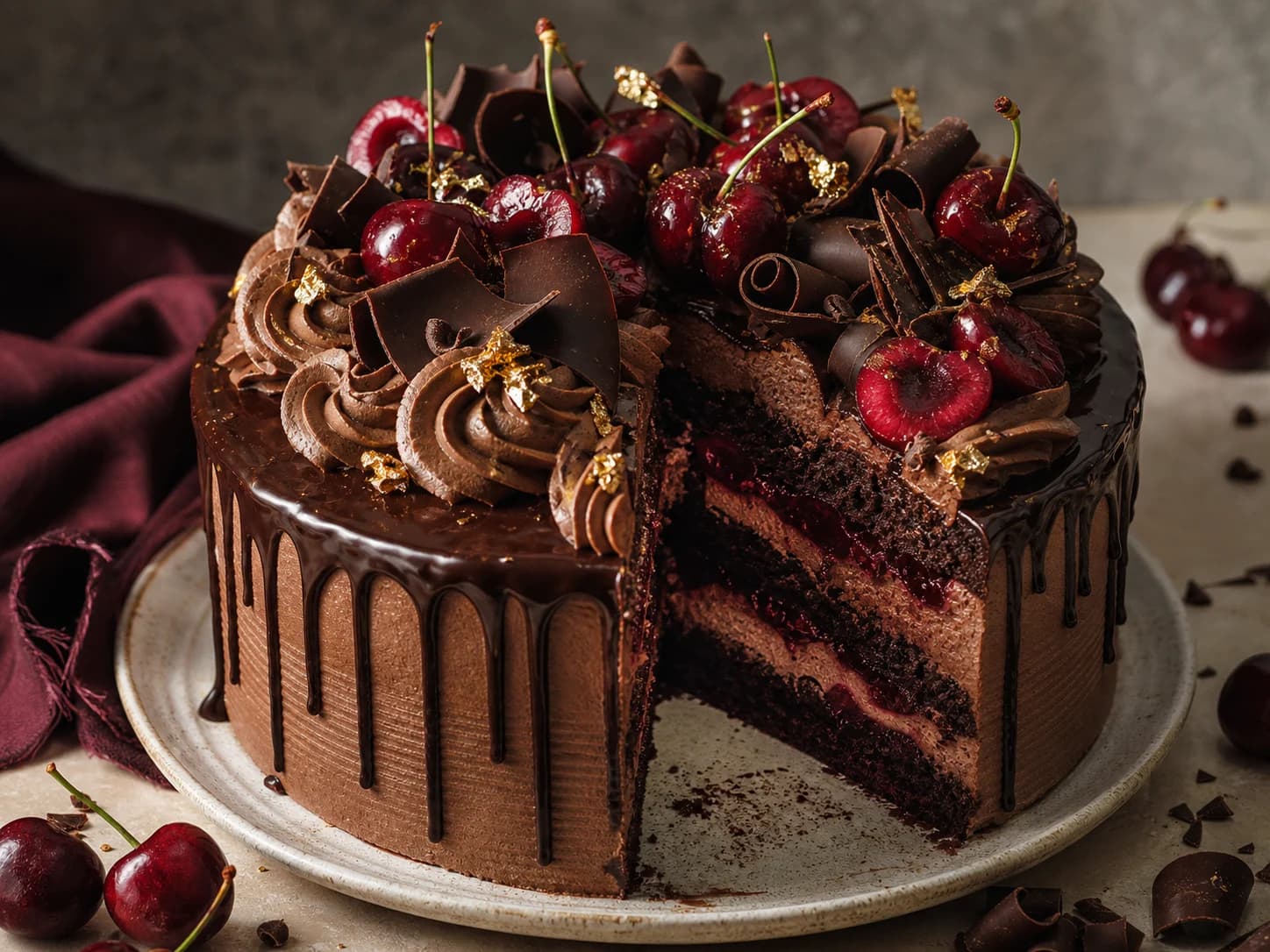 Eine dunkle Schokoladen-Sauerkirsch-Torte mit Ganache, Kirschen und Schokoladenlocken